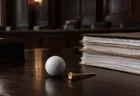 薄暗い法廷風の木製デスクに置かれたゴルフボールとティー、傍らに積まれた書類の束