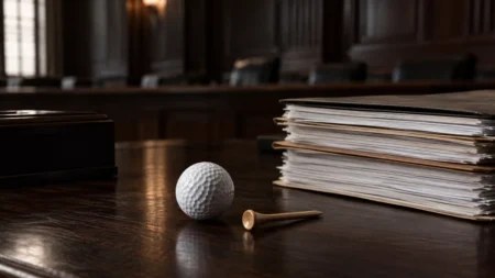 薄暗い法廷風の木製デスクに置かれたゴルフボールとティー、傍らに積まれた書類の束