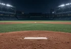 夜のプロ野球場のマウンドから見た内野。手前にピッチャープレート、奥に人工芝と二塁ベース