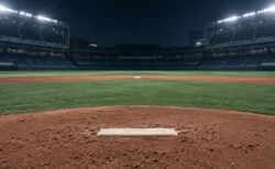 夜のプロ野球場のマウンドから見た内野。手前にピッチャープレート、奥に人工芝と二塁ベース