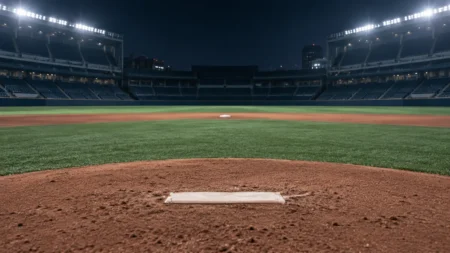 夜のプロ野球場のマウンドから見た内野。手前にピッチャープレート、奥に人工芝と二塁ベース