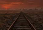 夕暮れの大陸の荒野に続く古い線路と遠くの街並み
