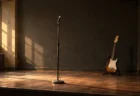夕方の光が差し込む無人のライブハウスのステージに、離れて置かれたスタンドマイクとエレキギター