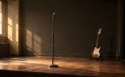 夕方の光が差し込む無人のライブハウスのステージに、離れて置かれたスタンドマイクとエレキギター