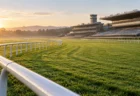 朝の光が差す無人の競馬場の芝コースと白い内ラチ