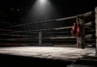 スポットライトに照らされた無人のボクシングリングと赤いボクシンググローブ
