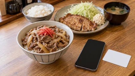 木のカウンターに置かれた牛丼と定食のプレート、その手前のスマートフォンと無地の白いカード