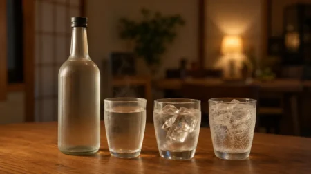 木製の食卓に並んだ焼酎ボトルとお湯割り・水割り・炭酸割りのグラス