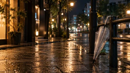 雨上がりの夜の街、濡れた舗道に映るネオンと傘