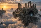 雲海の上に浮かぶ古代遺跡の岩盤と、側面に開いた洞窟の入り口。夕暮れの斜光