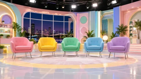 深夜のテレビスタジオに並ぶ5脚のカラフルな椅子