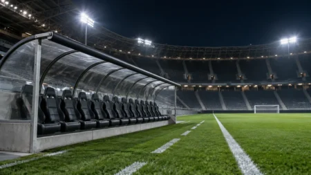 ナイターのサッカースタジアムの控え選手席。屋根付きベンチと照明に照らされたピッチ