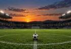 夕暮れのサッカースタジアムの無人のピッチとセンターサークルのサッカーボール