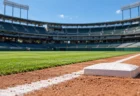 晴れた昼の球場の一塁側ベースラインと芝生