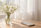 朝の光が差し込む窓辺のテーブルに置かれた白い小花の花瓶