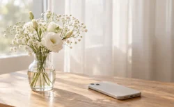 朝の光が差し込む窓辺のテーブルに置かれた白い小花の花瓶