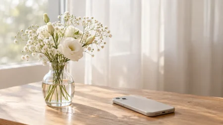 朝の光が差し込む窓辺のテーブルに置かれた白い小花の花瓶