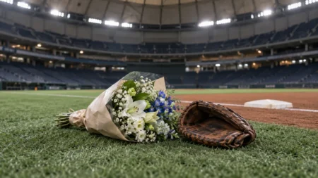 試合後のドーム球場、一塁ベース付近に置かれた花束と一塁手用ミット