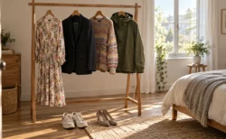 朝日が差し込む部屋のハンガーラックに並ぶ系統の違う服と、床に置かれたスニーカーとパンプス