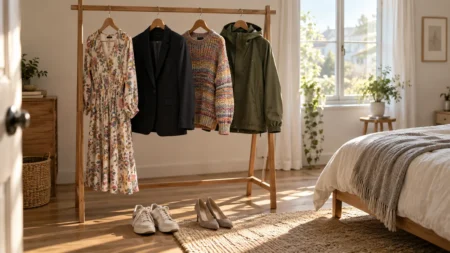 朝日が差し込む部屋のハンガーラックに並ぶ系統の違う服と、床に置かれたスニーカーとパンプス