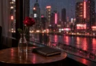 雨粒の付いた窓越しに夜の街のネオンが見える部屋と、テーブルの赤いバラ
