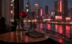 雨粒の付いた窓越しに夜の街のネオンが見える部屋と、テーブルの赤いバラ