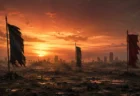 夕暮れの荒野に三本の旗が立ち、遠くに崩壊した都市が見える戦記物語のイメージ