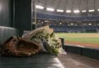 ダッグアウトのベンチに置かれた内野手用グラブと花束