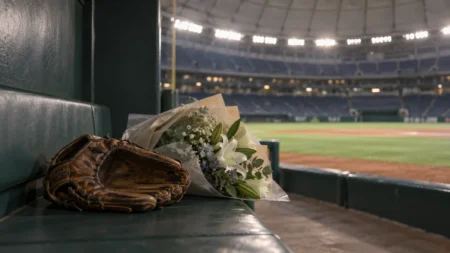 ダッグアウトのベンチに置かれた内野手用グラブと花束
