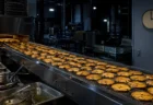 深夜の煎餅工場でベルトコンベアに並ぶ焼き上がった煎餅