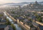 戦国時代の城下町を俯瞰した情景。区画ごとに並ぶ瓦屋根の町家と水路、奥に石垣と天守