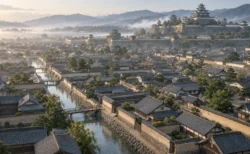 戦国時代の城下町を俯瞰した情景。区画ごとに並ぶ瓦屋根の町家と水路、奥に石垣と天守