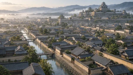 戦国時代の城下町を俯瞰した情景。区画ごとに並ぶ瓦屋根の町家と水路、奥に石垣と天守