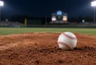 ナイター照明に照らされた野球場のマウンドの土と白球