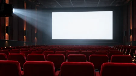 上映前の映画館の赤い客席と光るスクリーン
