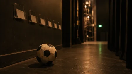 劇場の舞台袖にサッカーボールが1つ置かれているイメージ