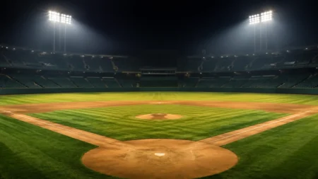 ナイター照明に照らされた無人の野球場のダイヤモンド、内野と奥のスタンドのイメージ
