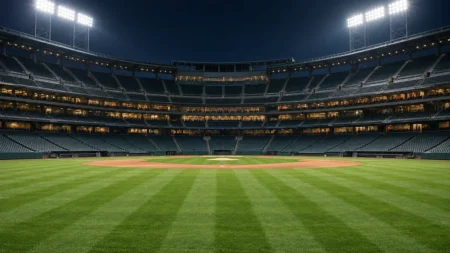 夜のメジャーリーグの球場を外野から見た無人のグラウンド