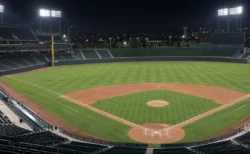 ナイター照明に照らされた天然芝の野球場を見下ろした夜景