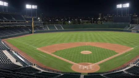 ナイター照明に照らされた天然芝の野球場を見下ろした夜景