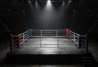 スポットライトに照らされた無人のキックボクシングのリング。コーナーに赤と青のパッド