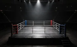 スポットライトに照らされた無人のキックボクシングのリング。コーナーに赤と青のパッド
