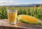 トウモロコシ畑を背景に木のテーブルに置かれたコーン茶のグラスとスイートコーン