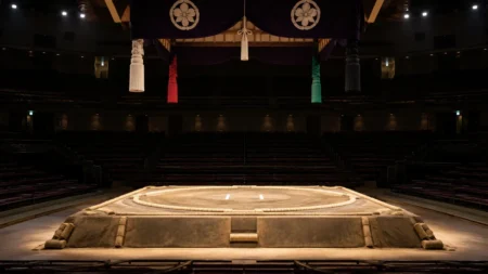 照明に照らされた無人の国技館の土俵。吊り屋根の房と俵が見える