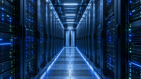 青い光に照らされたデータセンターのサーバーラック