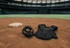 ドーム球場の内野グラウンドに置かれた球審用マスクとチェストプロテクター