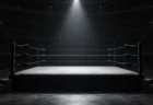 薄暗い会場で一筋の光に照らされた無人のプロレスリング