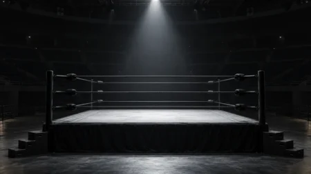 薄暗い会場で一筋の光に照らされた無人のプロレスリング