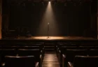 開演前の無人のホールのステージで一本のスタンドマイクを照らすスポットライト