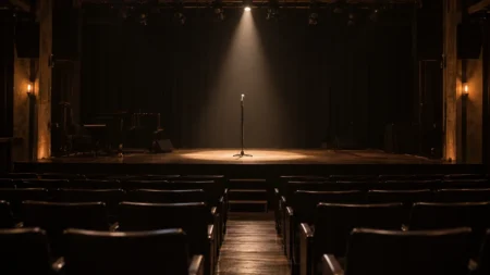 開演前の無人のホールのステージで一本のスタンドマイクを照らすスポットライト